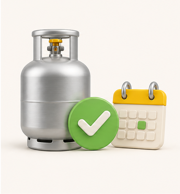 A gas cylinder with a refill check and calendar